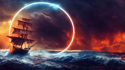Illustration of a dramatic scene of a ship on the stormy sea on the background o Stock Illustration
