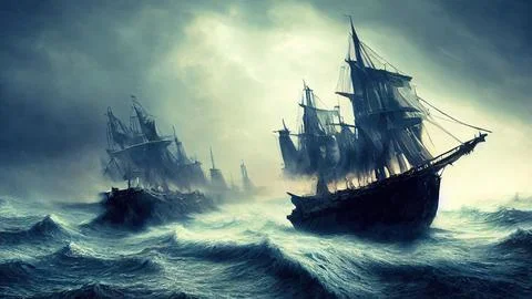Illustration of a dramatic scene of a ship on the stormy sea - great for backgro Stock Illustration