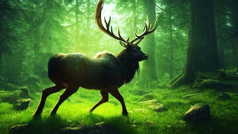 Illustration of a dramatic scene of a stag in the green forest - great for a wal Stock Illustration