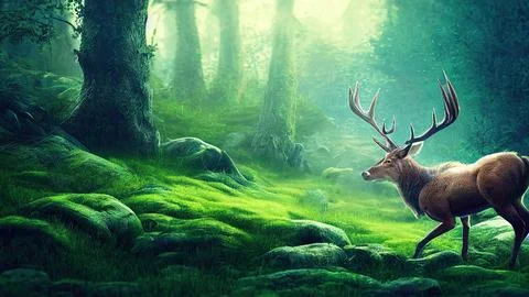 Illustration of a dramatic scene of a stag in the green forest - great for a wal Stock Illustration