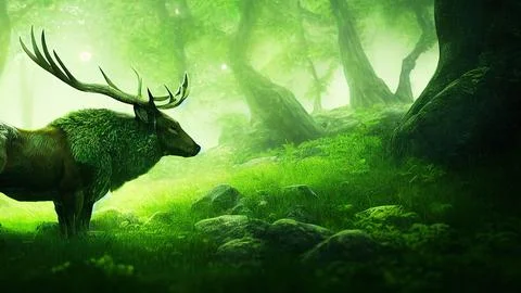 Illustration of a dramatic scene of a stag in the green forest - great for a wal Stock Illustration