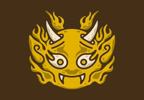 Illustration drawing of devil face with horns and flames Illustrazione stock