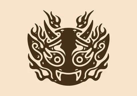 Illustration drawing of devil face with horns and flames Illustrazione stock