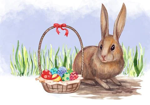 Illustration of the Easter Bunny sitting and watching Easter Eggs in a basket Stock Illustration