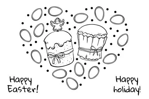 Illustration Easter cake and egg cookies. Isolated black outline objects on w Illustrazione stock