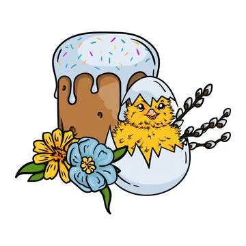 Illustration with Easter cake, chick, pussy willow Stock Illustration