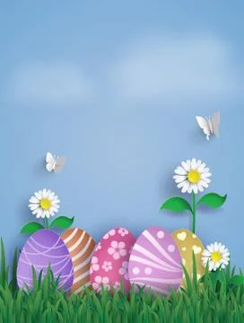 Illustration of Easter day with egg in grass,paper art and craft style. Stock Illustration