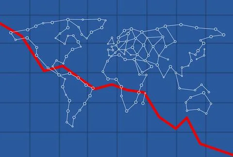 Illustration of an economic decrease line on a dot-connected world map against a Stock Photos