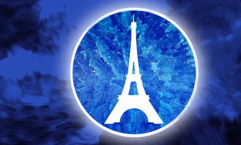 Illustration of the Eiffel Tower in a blue circle on a blue background イラスト素材