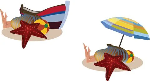 Illustration of elements of a summer vacation at a beach on white background Stock Illustration