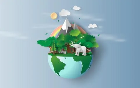 Illustration of elephant in green trees forest,Creative Origami design world Illustrazione stock