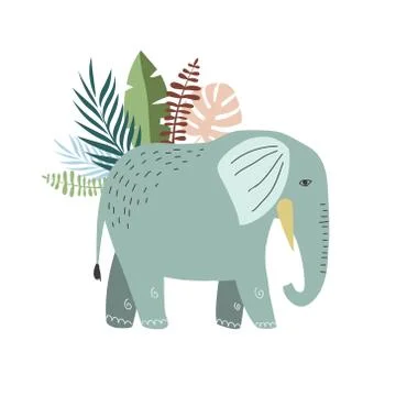 Illustration of an elephant with plants. Vector flat doodle animals in doodle Stock Illustration