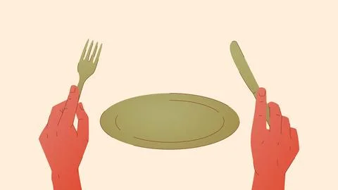 Illustration of an empty plate and hands holding a fork and knife Stock Illustration