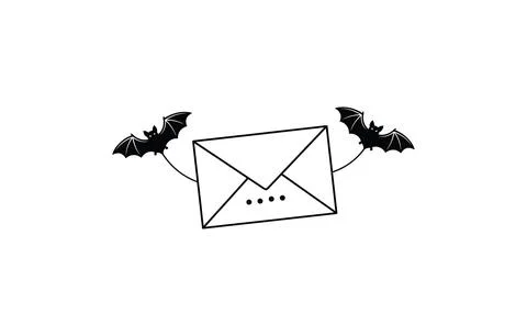Illustration of an envelope being carried by two cute flying bats on white .. Ilustración de archivo
