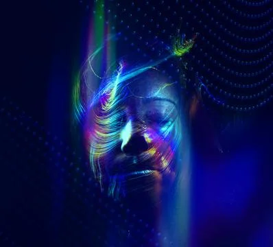 Illustration of a face with lighting effects. Artificial intelligence face. Photos