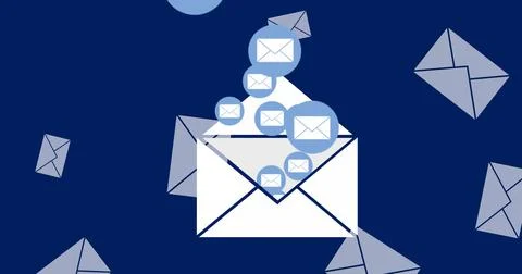 Illustration of falling envelopes and message icons in circle over blue Stock Illustration