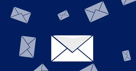 Illustration of falling white colored envelopes over blue background, copy space Stock Illustration