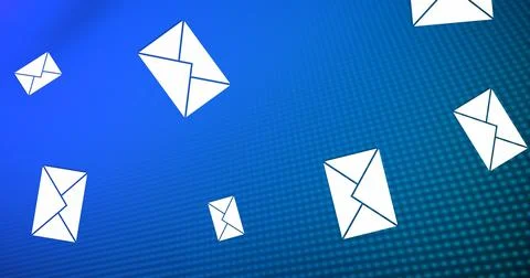 Illustration of falling white envelopes over dots against blue background, copy Stock Illustration
