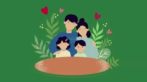 An illustration of a family sitting in the grass and on ground surrounded by Видео 337030153