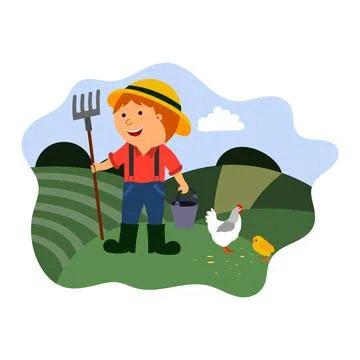 Illustration of a farmer in a field, vector isolated on a white background. Stock Illustration