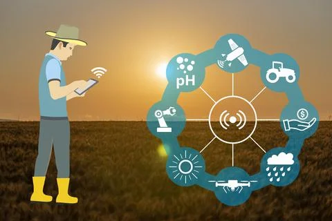 An illustration of a farmer using an app with communication icons with a whea Illustrazione stock