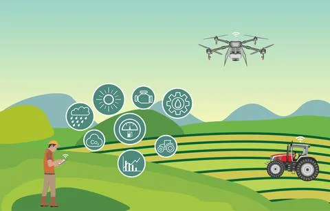 Illustration of a farmer using modern and smart technologies in agriculture Illustrazione stock