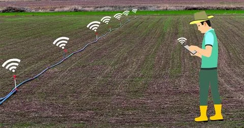 An illustration of a farmer using a phone for improving yield agriculture wit Illustrazione stock