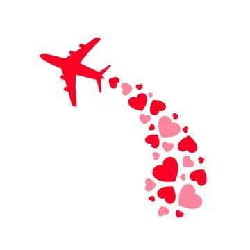 Illustration features a charming airplane surrounded by hearts, symbolizing.. Stock Illustration