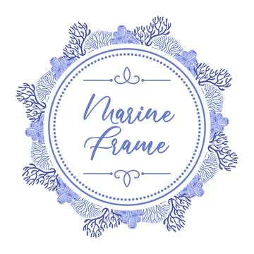 Illustration features a stunning round frame made of intricate corals, show.. Illustrazione stock