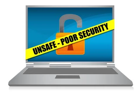 An illustration featuring a laptop computer with an unlock lock on the screen Stock Illustration