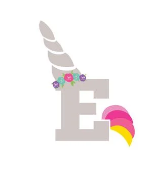 A illustration featuring letter e monogram with letter e, unicorn horn, flowe Stock Illustration