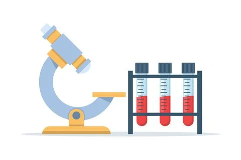 Illustration featuring a microscope with test tubes in a cute cartoon style Illustrazione stock