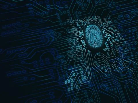 Illustration of a fingerprint surrounded by a microchip pattern. Illustrazione stock