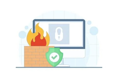 Illustration of firewall and network security protecting data and systems Illustrazione stock