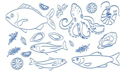 Illustration of fish, octopus, and shellfish with related elements Illustrazione stock