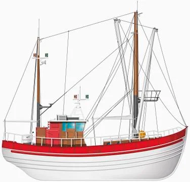 Illustration of fishing boat against white background, close up Stock Illustration