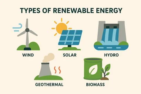 Illustration of five types of renewable energy sources and their icons Stock Illustration