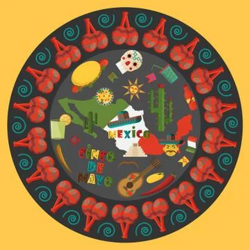 Illustration in flat 1  style circular ornament on isolated Mexican elements Stock Illustration