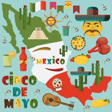 Illustration in flat 1 style on isolated background Mexican elements Stock Illustration