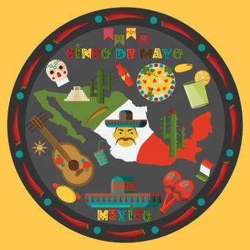 Illustration in flat 2  style circular ornament on isolated Mexican elements Stock Illustration