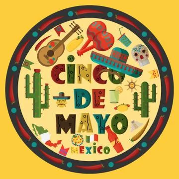 Illustration in flat 3  style circular ornament on isolated Mexican elements Illustrazione stock