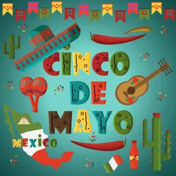 Illustration in flat 3 style on isolated background Mexican elements Stock Illustration