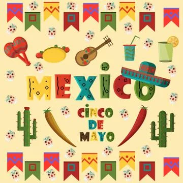 Illustration in flat 5 style on isolated background Mexican elements Stock Illustration