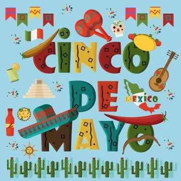Illustration in flat 6 style on isolated background Mexican elements Stock Illustration