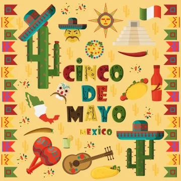 Illustration in flat 7 style on isolated background Mexican elements Stock Illustration