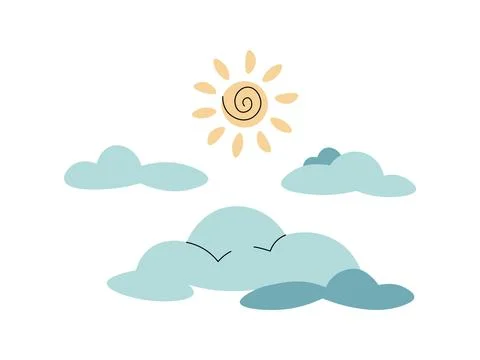 Illustration of flat cartoon clouds and sun on white background. Childrens .. Stock Illustration