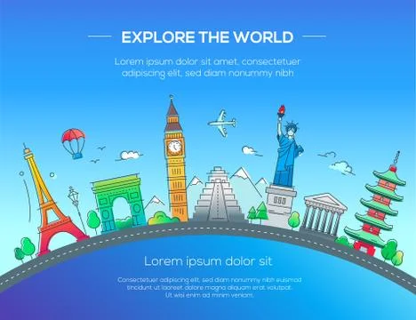 Illustration of flat design postcard with famous world landmark Stock Illustration