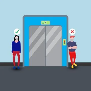 Illustration of a flat person driving an elevator. with health protocols to a Illustrazione stock