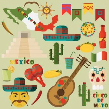 Illustration in flat style on isolated background Mexican elements Stock Illustration