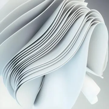 Illustration with floating stack of wavy white fabric stripes. 3d rendering Stock-Illustration